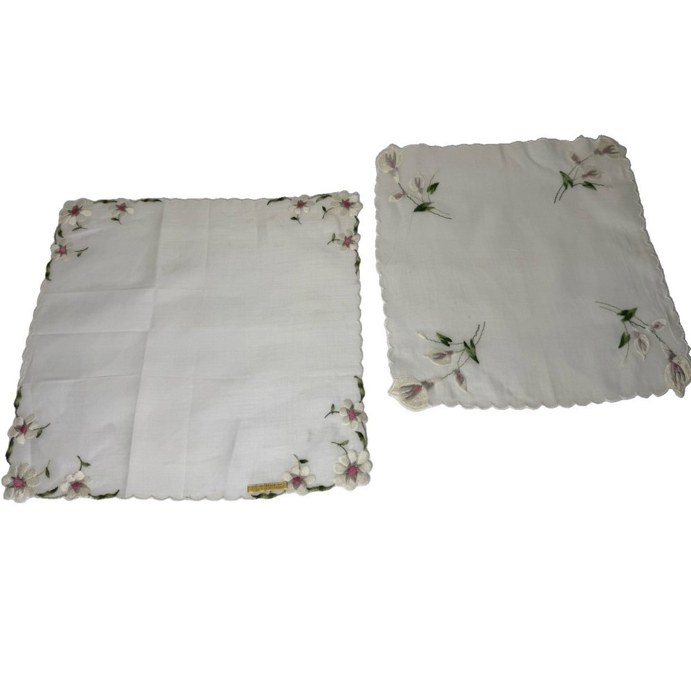 Vintage Lot 2 NWT Cotton Handkerchief Embroidered Flowers Made Austria 1945-1955